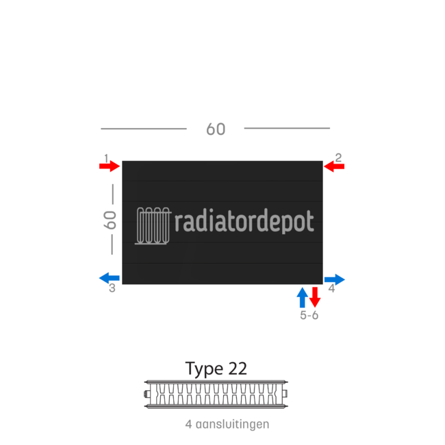 H60 x B60 T22 - Paneelradiator C6 gegroefde voorzijde Mat Zwart