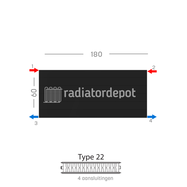 H60 x B180 T22 - Paneelradiator C4 gegroefde voorzijde Mat Zwart