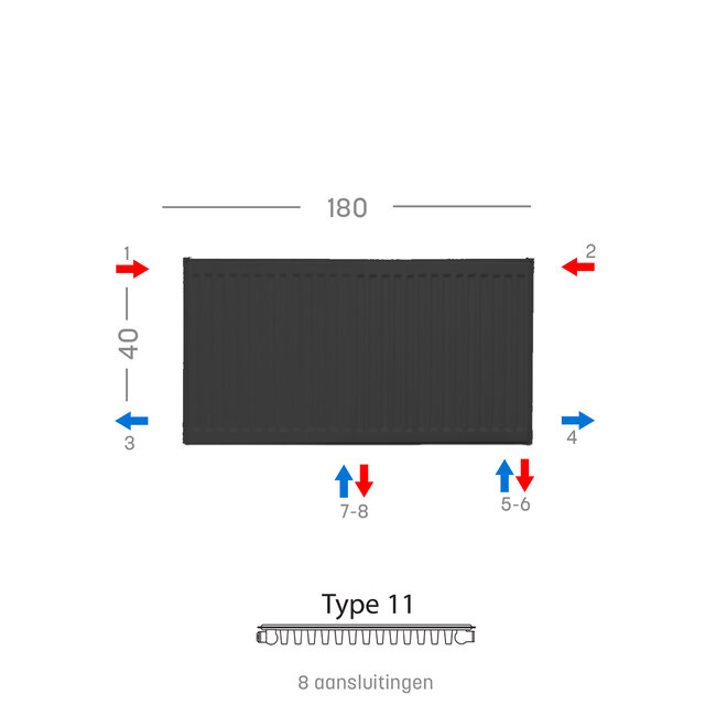 H40 x B180 T11 - Paneelradiator C8 geribbelde voorzijde Mat Zwart