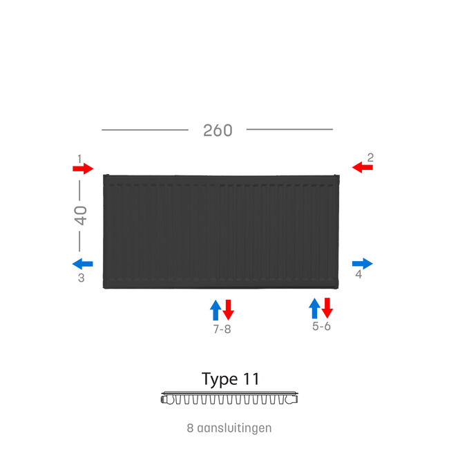 H40 x B260 T11 - Paneelradiator C8 geribbelde voorzijde Mat Zwart