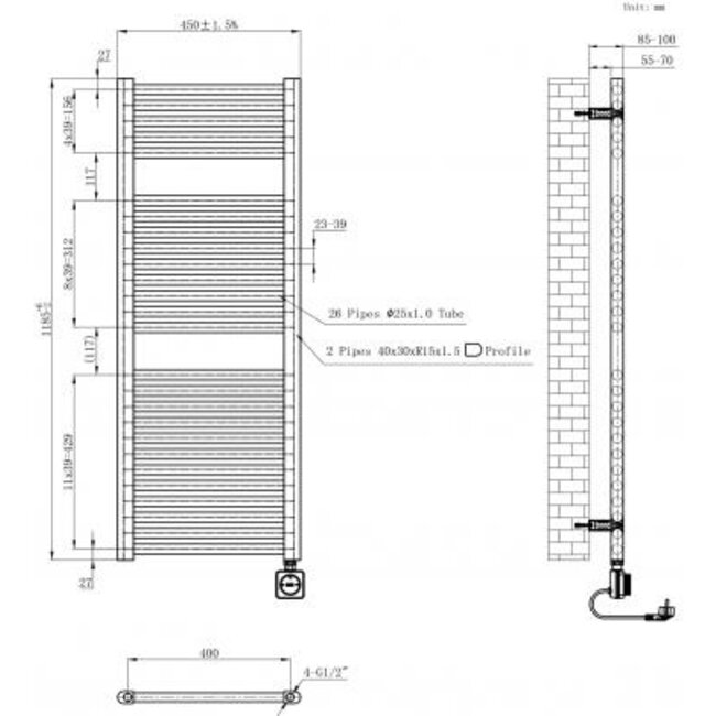 Smart - elektrische handdoekradiator (700 Watt) - Mat Zwart -118,5 x 45