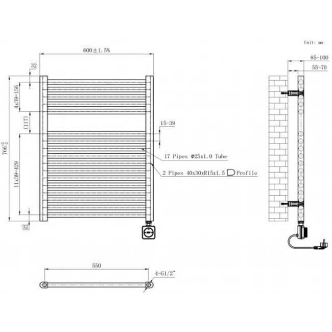 Smart - elektrische handdoekradiator - Mat Zwart- 76,6 x 60