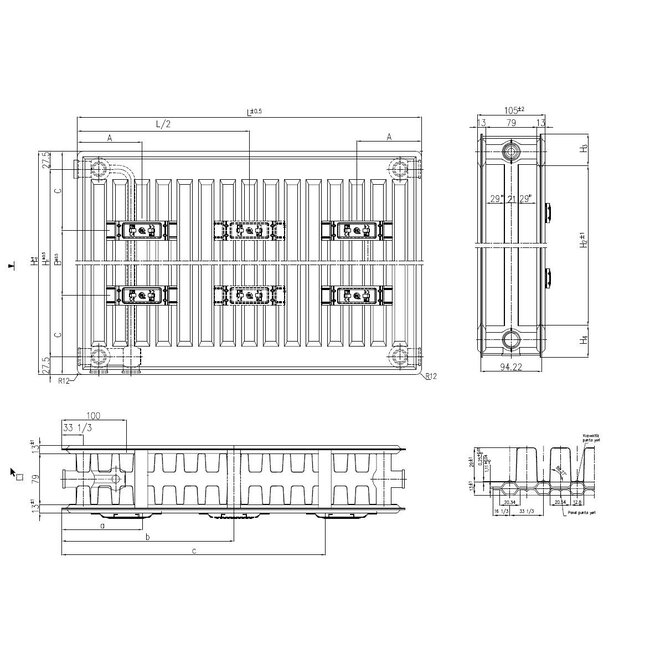 H40 x B260 T22 - Paneelradiator C6 vlakke voorzijde Mat Zwart