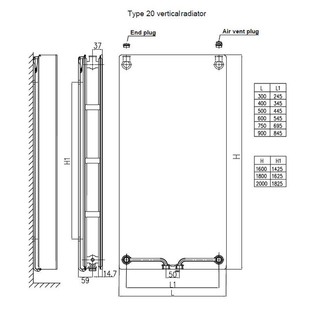 H180 x B50 Verticale designradiator T20 - C6 gegroefd Mat Zwart