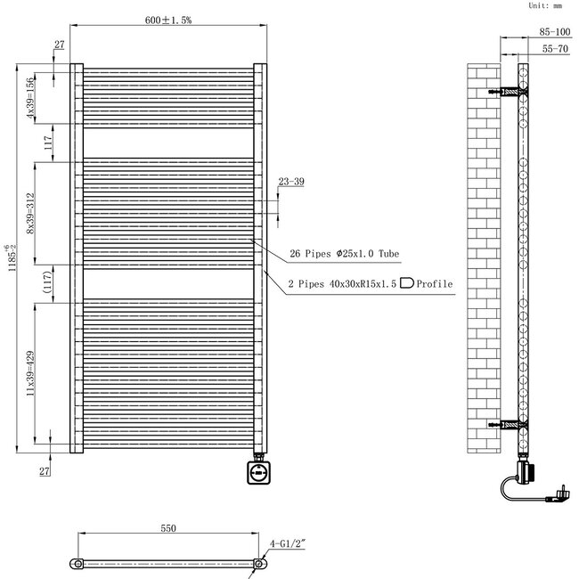 Smart WIFI elektrische handdoekradiator Gunmetal  (700 Watt) 118,5 x 60 cm