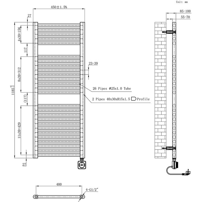 Smart WIFI elektrische handdoekradiator Gunmetal  (700 Watt) 118,5 x 45 cm