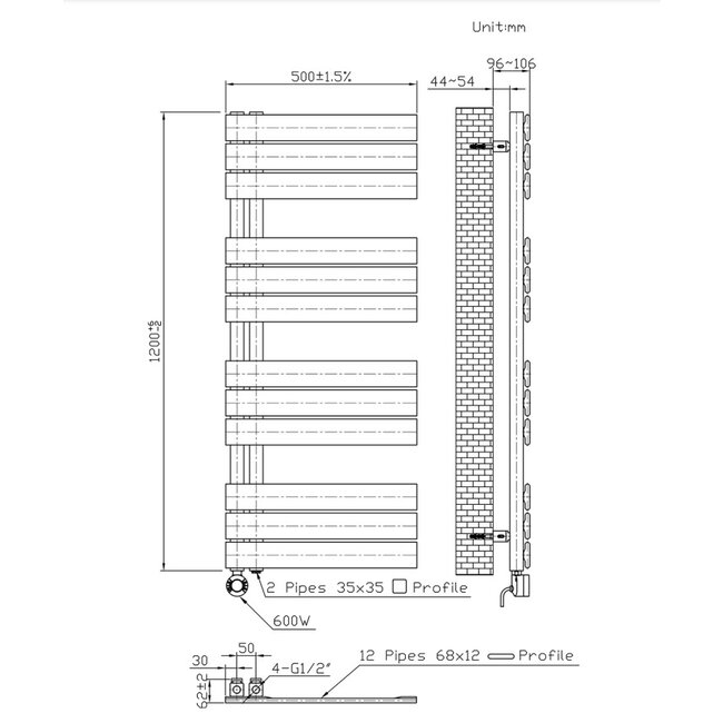 H120 x B50 cm - elektrische handdoekradiator 593W  Mat Zwart