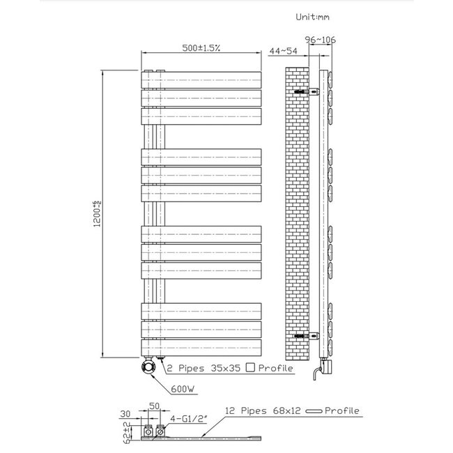 H120 x B50 cm - elektrische handdoekradiator 593W Wit
