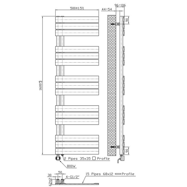 H160 x B50 cm - elektrische handdoekradiator 755W Wit