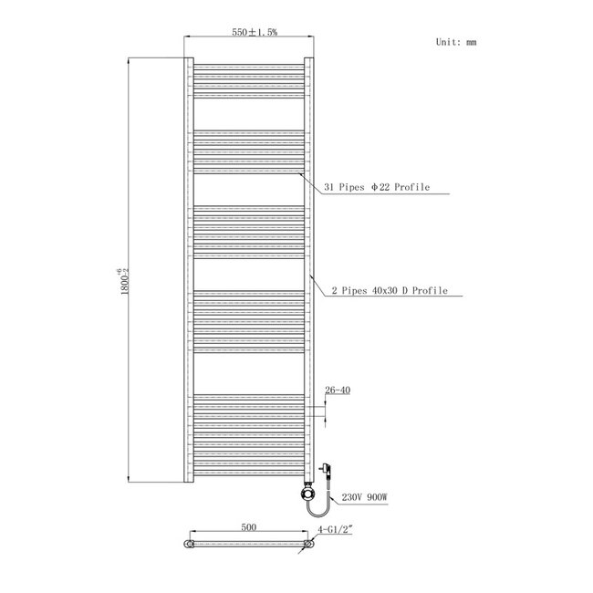 H180 x B55 cm - elektrische handdoekradiator 900 Watt -  Mat Zwart