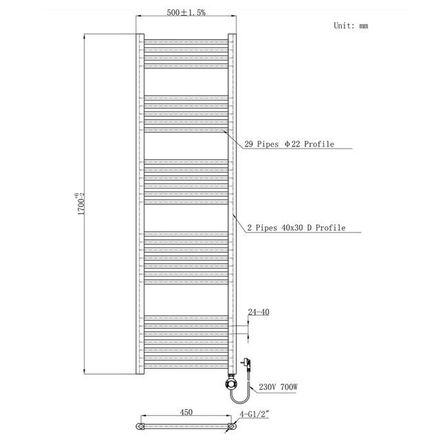 H170 x B50 cm - elektrische handdoekradiator 985 Watt -  Wit