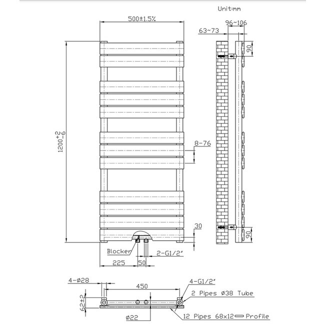handdoek radiator - Midden Aansluiting - 120x50 - Zwart