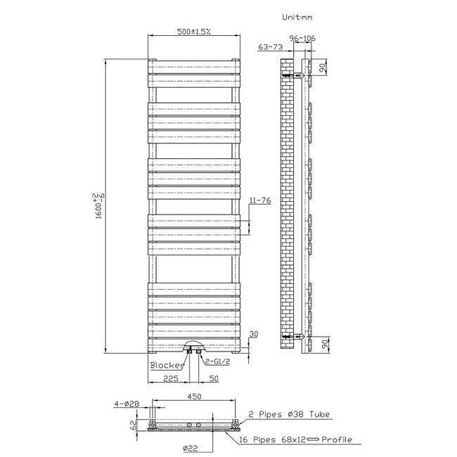 Handdoek Radiator - Midden Aansluiting - 160x50 - Zwart