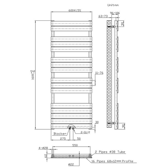 Handdoek Radiator - Midden Aansluiting - 160x60 - Zwart