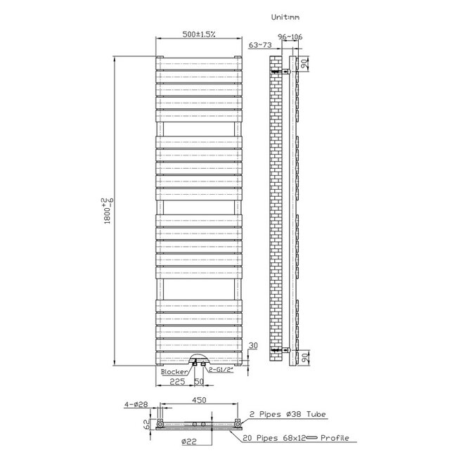 Handdoek Radiator - Midden Aansluiting - 180x50 - Zwart