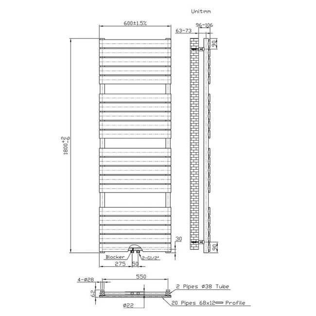 Handdoek Radiator - Midden Aansluiting - 180x60 - Wit