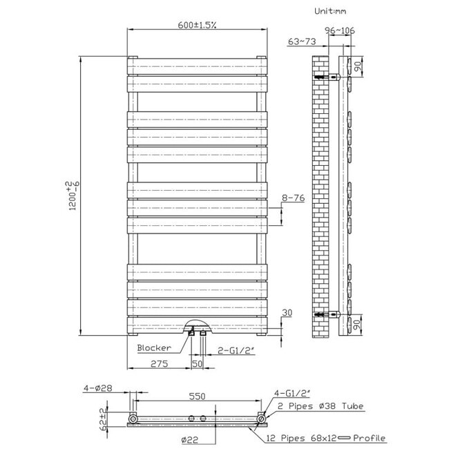 Handdoek radiator - Midden Aansluiting - 120x60 - Wit