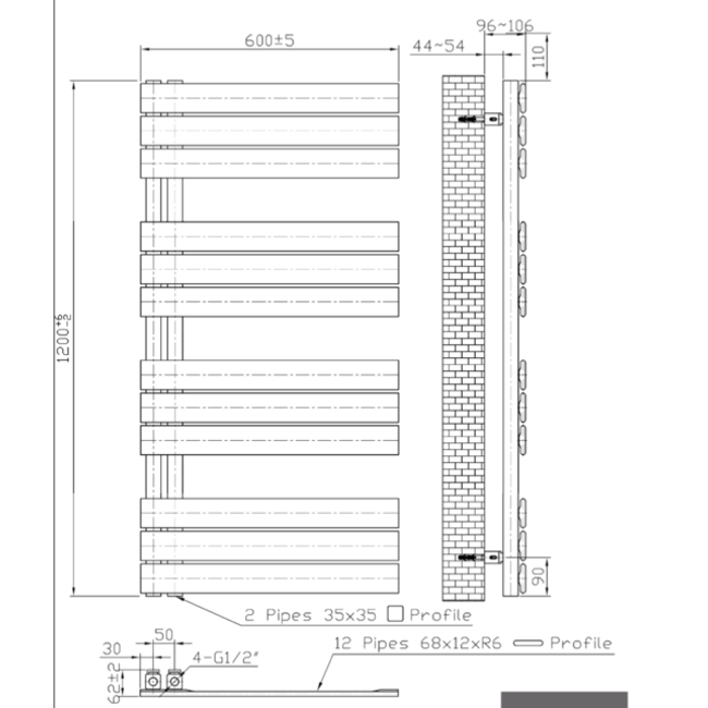 H120 x B60 cm - Handdoekradiator 681W  Mat Zwart
