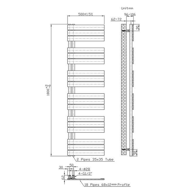 H180 x B50 cm - Handdoekradiator 890W Mat Zwart