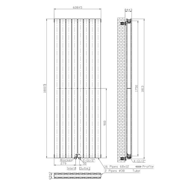 Verticale designradiator - H180 x B60 cm - middenaansluiting wit - 2164 Watt