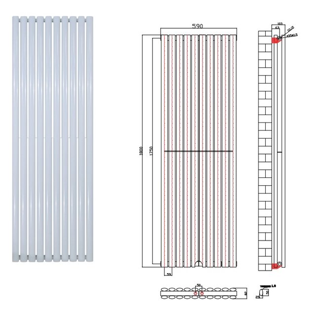 OVAL Verticale designradiator - H180 x B59 cm - midden-aansluiting wit - 2050 Watt