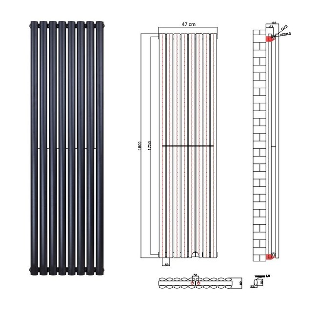 OVAL Verticale designradiator - H180 x B47 cm - midden-aansluiting Zwart - 1640 Watt
