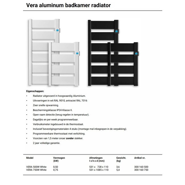 Vera - aluminium badkamerradiator H110 x B50 cm 750 Watt Zwart