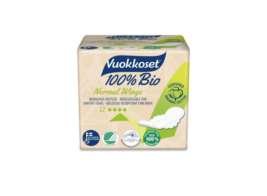 Vuokkoset normaal maandverband met vleugels - 100% biologisch - 12 stuks