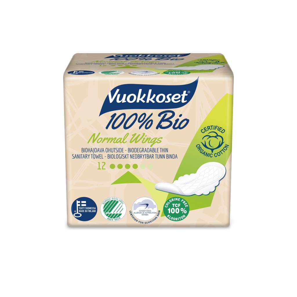 Vuokkoset Organic Normal Sanitary Napkins with Wings - 12 Pieces - Grace is  Green