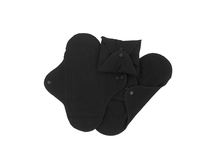 Washable Sanitary Towel with Snap Buttons - 3 Pieces - Black
