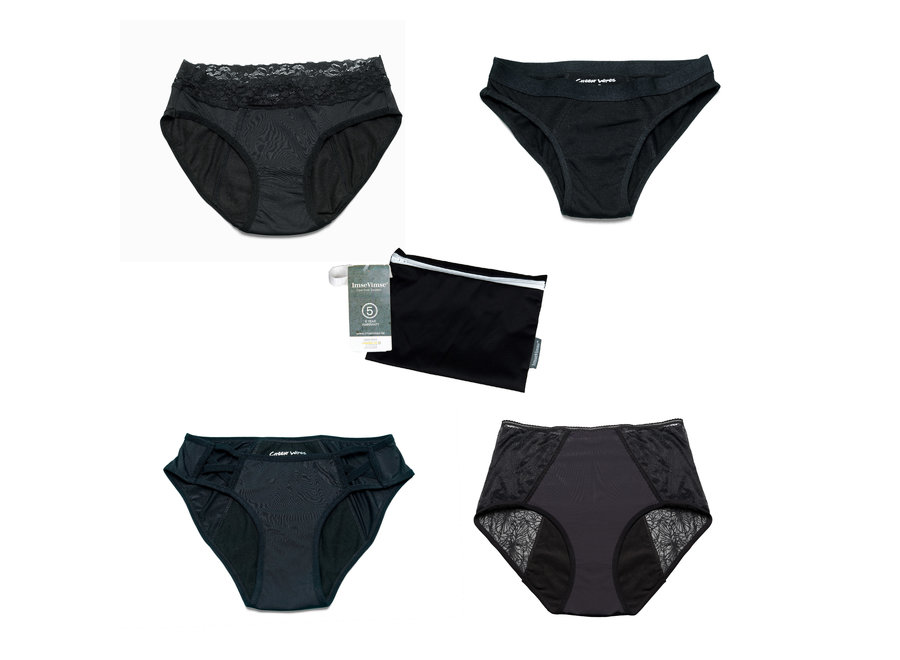 Set of 4 + Wetbag - Cheeky Wipes Menstrual Underwear Feeling Pretty + Sassy + Sporty + Comfy - Black