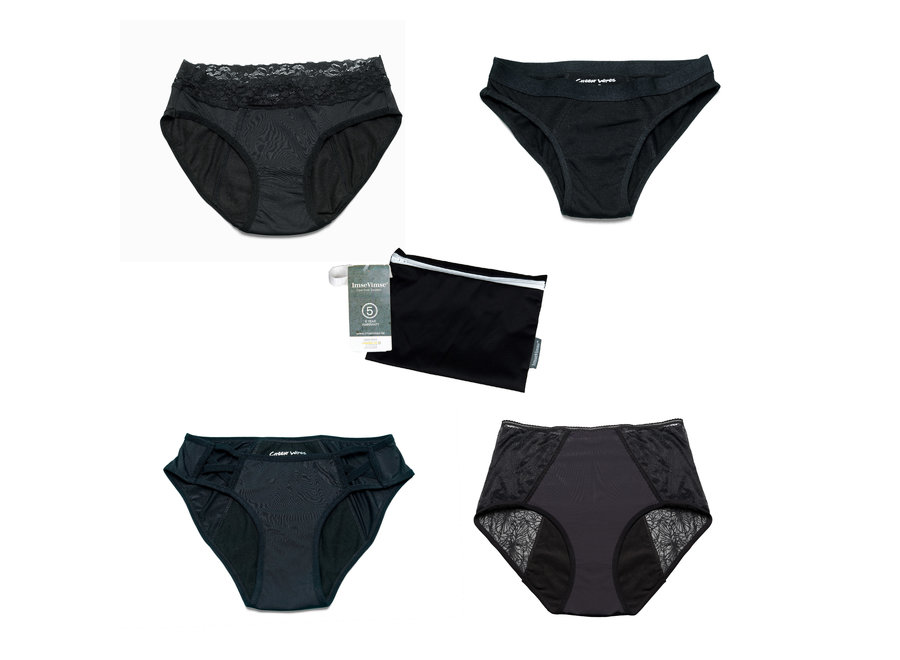 Set van 4 + wetbag  -  Cheeky Wipes menstruatie ondergoed Feeling Pretty + Sassy + Sporty + Comfy - zwart