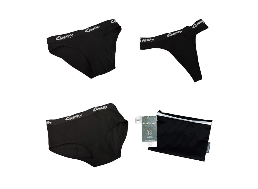 Set of 3 - Cheeky Pants menstrual underwear Feeling 1 x Limitless+ 1 x Hipster + 1 x Boyshort - black