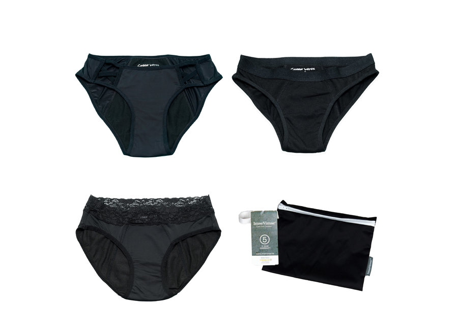 Set van 3 + wetbag - Cheeky Pants menstruatie ondergoed 1 x Feeling Sassy+ 1 x Pretty + 1 x Sport - zwart