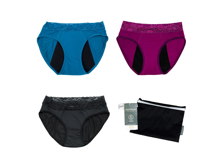 Set van 5 + wetbag - Cheeky Pants menstruatie ondergoed Feeling Pretty 3 x zwart + 1 x Berry + 1 x Teal