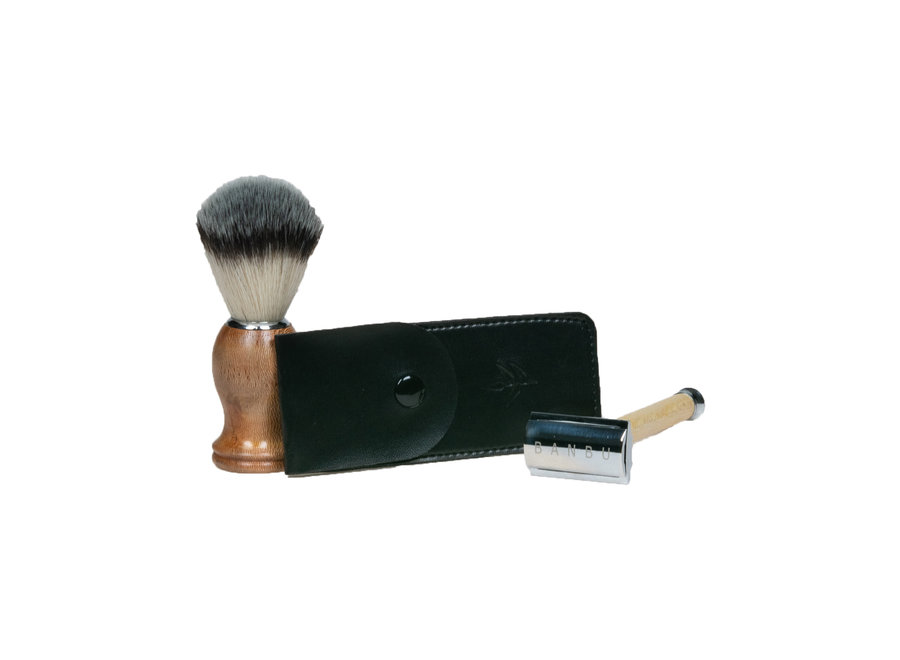 Rasoir + Brosse à raser en bois & étui noir