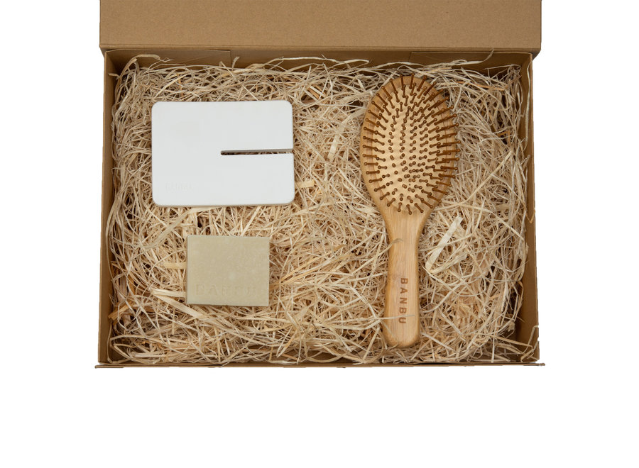 Cadeaupakket Badkamer Basics - Banbu Porte-Savon Petit - Blanc + Brosse à Cheveux Ronde + Savon Bar