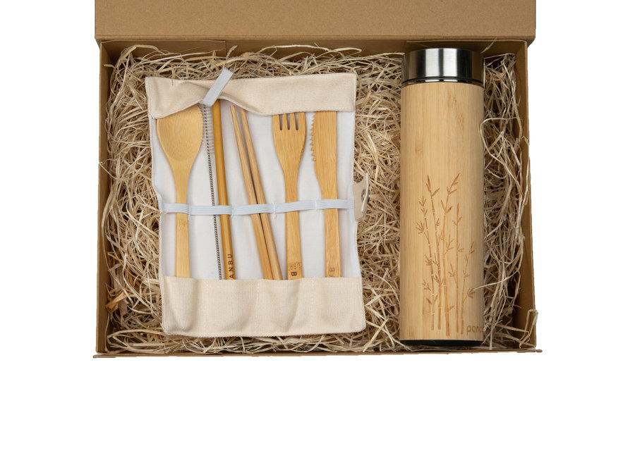 Banbu cutlery set + Pandoo bamboo thermos flask with tea strainer - 480 ML