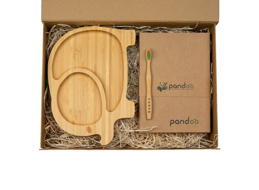 Eco Rascal Bamboe bordje olifant- groen + Banbu kindertandenborstel - groen & Pandoo bamboe notitieboek A5