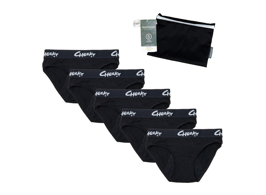 Set of 5 + wetbag - Cheeky Pants menstrual underwear Feeling Cheeky Hipster - black