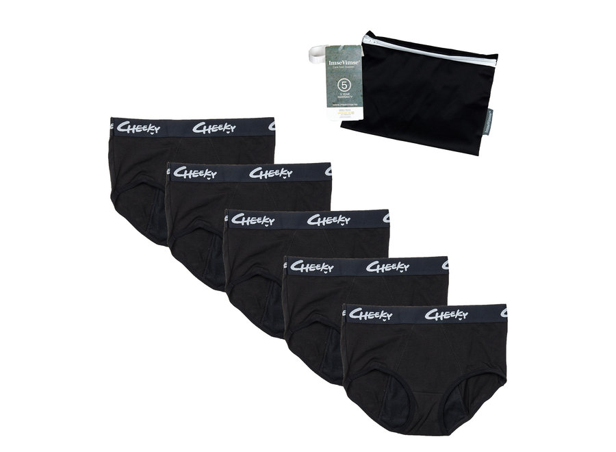 Set of 5 + wetbag - Cheeky Pants menstrual underwear Feeling Free Boyshorts - black