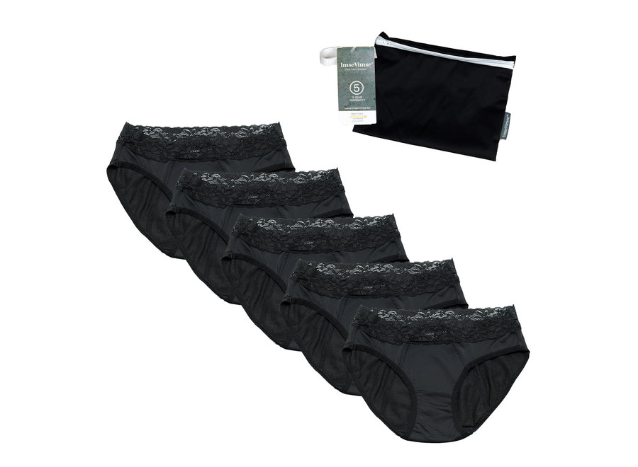 Set de 5 + sac waterproof - Cheeky Pants 5 x sous-vêtements menstruels Feeling Pretty noir avec caractéristiques uniques pour un confort optimal