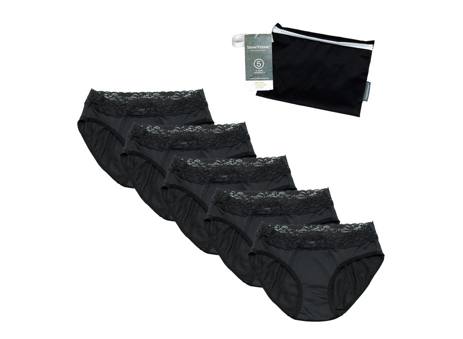 Set van 5 + wetbag - Cheeky Pants 5 x menstruatie ondergoed Feeling Pretty zwart