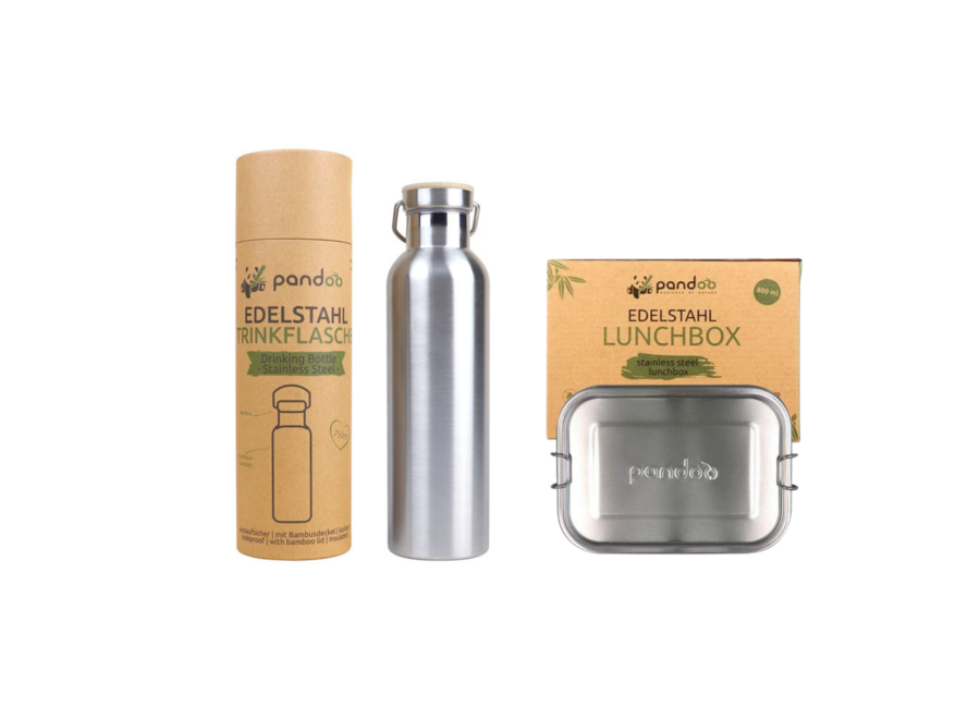 Pandoo - RVS Thermosflasche - IsÖlrt + Pandoo RVS Lunchbox - 800 ml - Doppelwandige Isolation - BPA-frei