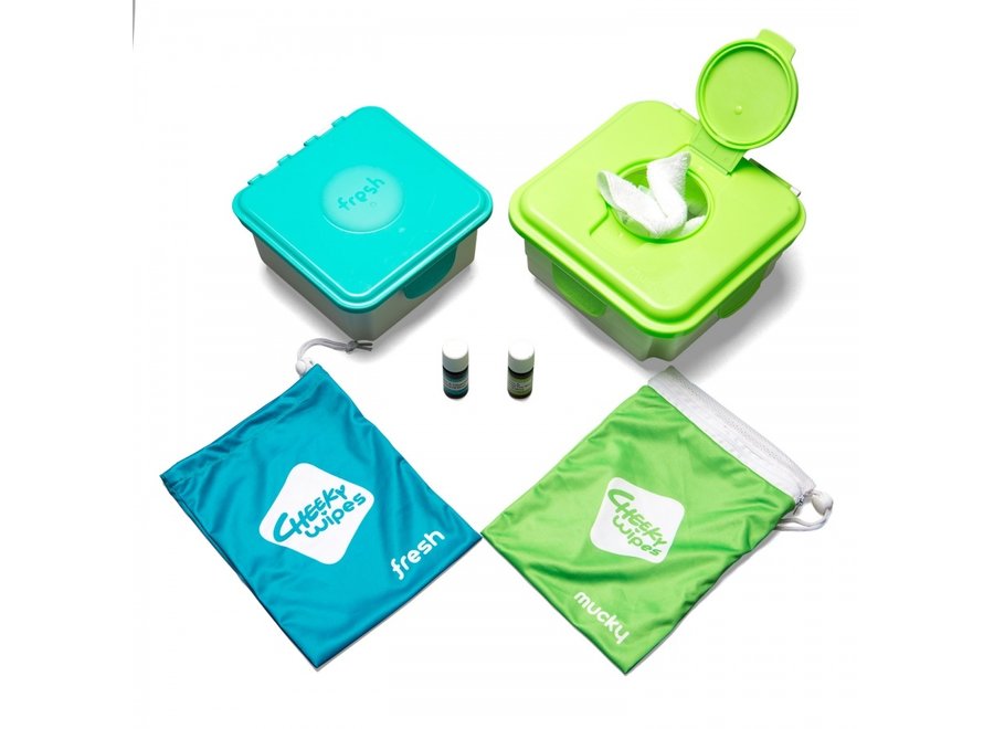 Cheeky Wipes Premium All-in-One Set aus Bio-Baumwolle – Waschbare Babytücher – Blaue Box – Weiß oder Regenbogenfarben