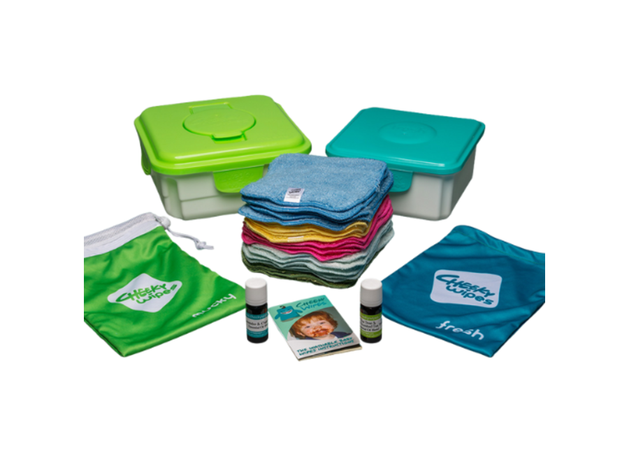 Cheeky Wipes Premium All-in-One Kit organisch katoen - Wasbare Babydoekjes - Blauwe doos - Wit of Regenboog