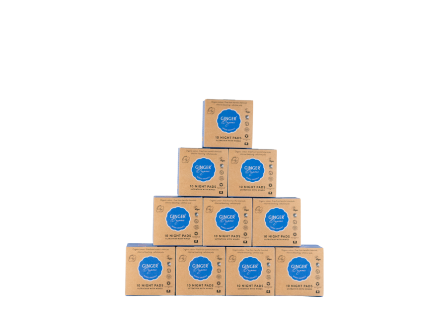 Ginger Organic - Nachtbinde mit Flügeln - Vorteilspackung - 10 x 10 Stück - 100% biologisch - umweltfreundlich
