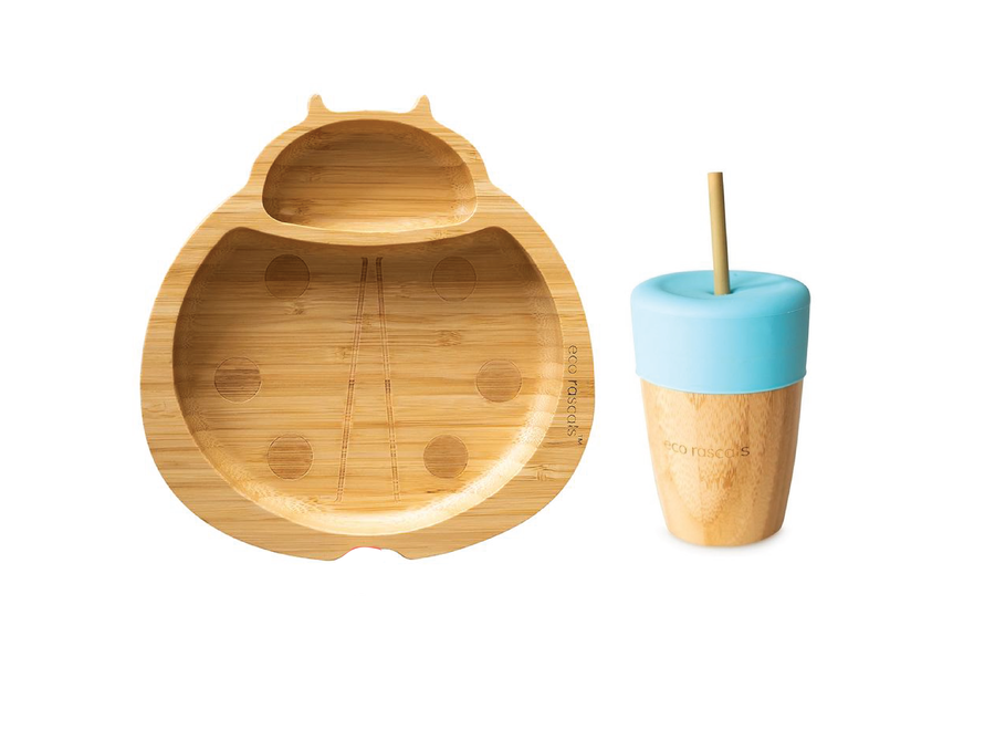 Bamboo plate Ladybug & cup with straw - Multi color