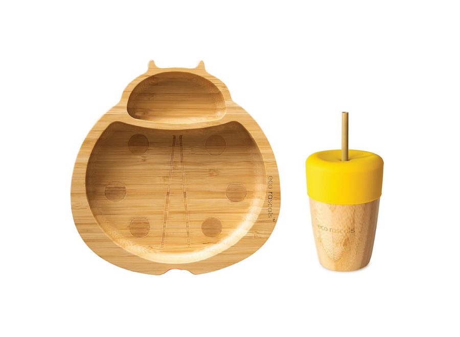 Bamboo plate Ladybug & cup with straw - Multi color