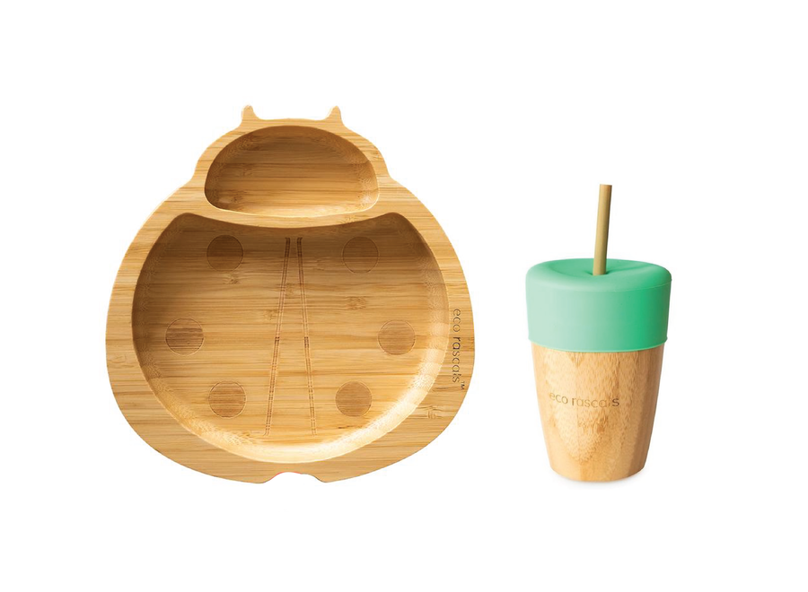 Bamboo plate Ladybug & cup with straw - Multi color